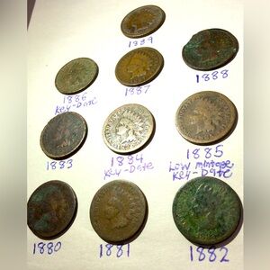 Complete 1880 to 1889 Indian Head Pennies- All Years- With 3 Low Mint Key Dates!